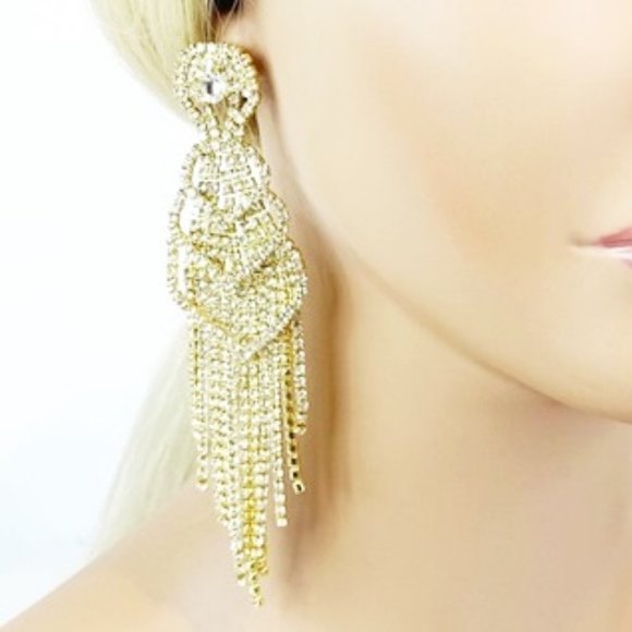Prom Pageant Bridal Jewelry - 5” Rhinestone Curtain Shimmer Chandelier Earrings